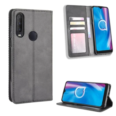 Винтажный кожаный бумажник-подставка для телефона для Alcatel 1S (2020)/1V (2020)/3L (2020) - черный