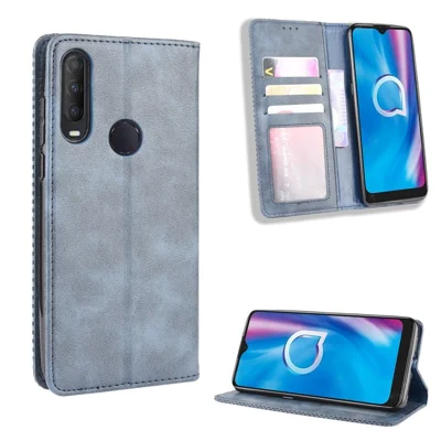 Caixa de Suporte de Couro de Estilo Vintage Para Alcatel 1se (2020) - Azul