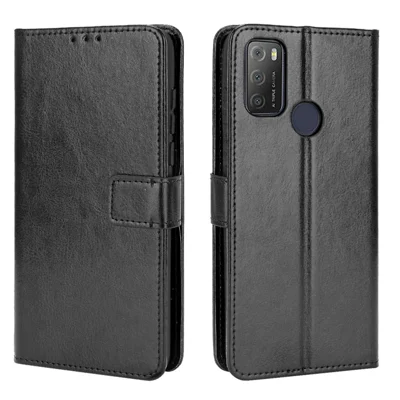Crazy Horse Textur Wallet Design PU Lederstand Protektorabdeckung Für Alcatel 3L (2021) / Alcatel 1S (2021) - Schwarz