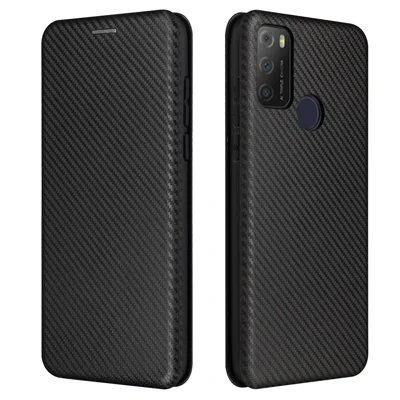 Kohlefaser-Textur Auto-absorbiert Leder Stand Shell Cover mit Kartenfach für Alcatel 1S (2021) - Schwarz
