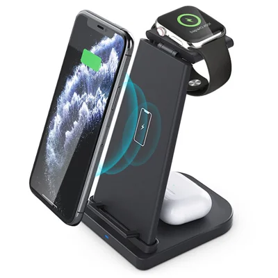 Смарт-часы B12, Bluetooth-наушники, беспроводная зарядная станция, 3 в 1, быстрая зарядка — черный/для Apple Watch