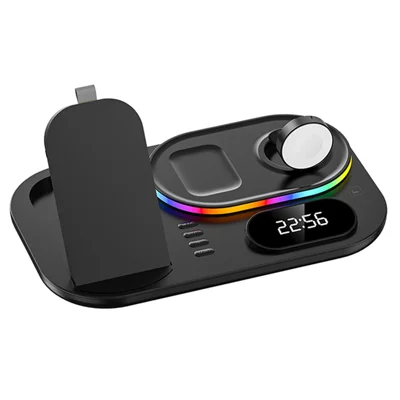A06 4 in 1 Mobile Phone Charging Dock Multi-Functional Wireless Charger with Clock Display / RGB Light (For Apple) - Black