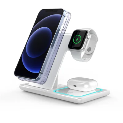 X455 Foldable 3-in-1 15W Wireless Charger Desktop Qi Fast Charging Stand Dock for iPhone Android iWatch AirPods - Bianco