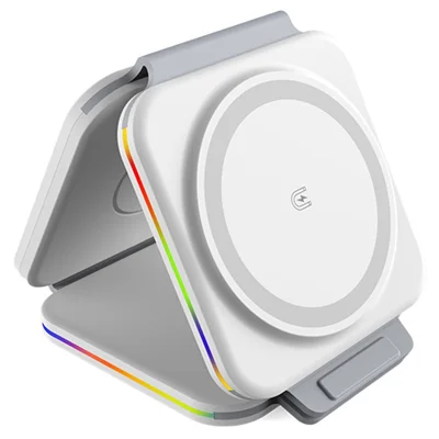 F21 Foldable 3-in-1 Multi-Function 15W Magnetic Wireless Charger with Flashy Atmosphere Light Wireless Charging Station - White
