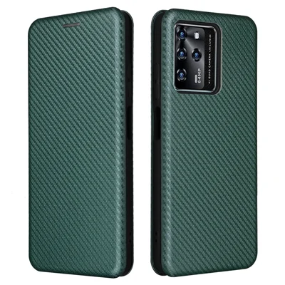 For ZTE Blade V30 Carbon Fiber Texture Anti-fingerprint Auto-absorbed Magnetic Closure Leather Stand Phone Case Shell - Green