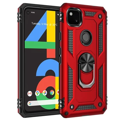 Hybrid PC TPU Shell for Google Pixel 4a 4G Kickstand Armor Cover - Red