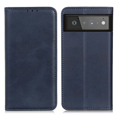 Auto-absorbed Split Leather Wallet Shell Case for Google Pixel 6 - Blue