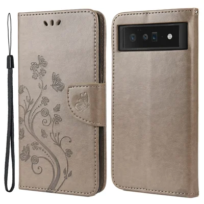 Imprint Butterflies Flower Wallet Stand Design Leather Phone Case Shell for Google Pixel 6 Pro - Grey
