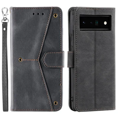 Splicing PU Leather and TPU Phone Flip Case Stitching Skin-touch Stand Wallet Phone Protective Cover for Google Pixel 6 Pro - Black