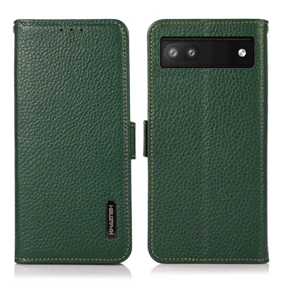 KHAZNEH Genuine Leather Litchi Texture Protective Cover RFID Blocking Phone Case for Google Pixel 6a - Green
