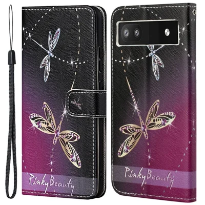 Magnetic Closed PU Leather Phone Protector Cross Texture Folding Phone Case with Stand Wallet for Google Pixel 6a - Two Dragonflies