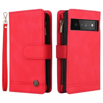 Imprinting Stripes Skin-touch PU Leather Stand Flip Zipper Pocket Cover Card Holder Slots Magnetic Closure Shockproof Case with Strap for Google Pixel 6 Pro - Red