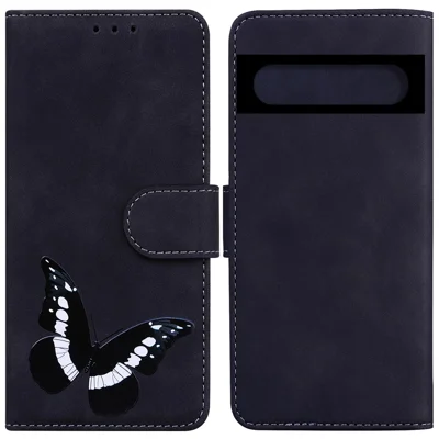 For Google Pixel 7 5G Cute Butterfly Pattern Printing PU Leather Case Wallet Sand Magnetic Closure Shockproof Flip Folio Cover - Black