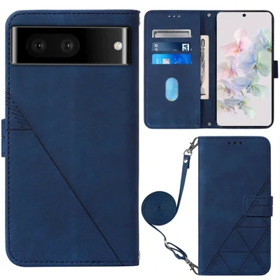 For Google Pixel 7 5G Leather Case with Shoulder Strap Wallet Stand Phone Cover - Sapphire