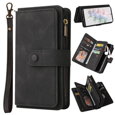 For Google Pixel 7 5G Zipper Wallet Case with 15 Card Slots and Strap Leather Phone Cover - Black