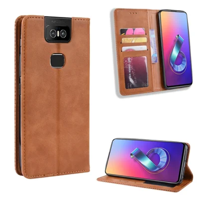 غطاء هاتف جلد PU بتصميم كلاسيكي مع محفظة لهاتف Asus Zenfone 6 ZS630KL/Zenfone 6z/Zenfone 6 2019 - بني
