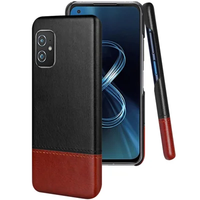 IMAK Ruiyi Series Bi-Color PU Leather Coated PC Cell Phone Back Case Shell with Screen Protector for Asus Zenfone 8 ZS590KS - Black / Brown