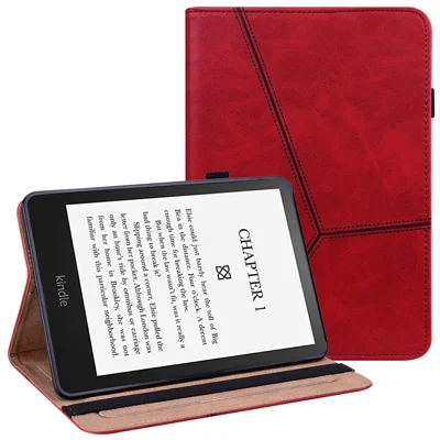 Line Imprinted Folio Stand PU Leather Auto Wake/Sleep Tablet Case met kaarthouders voor Amazon Kindle Paperwhite 5 (2021) - Rood