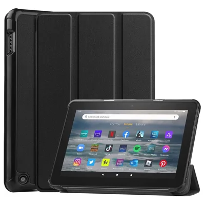 For Amazon Fire 7 (2022) Tri-fold Stand PU Leather Tablet Case Thickened Corner Anti-drop Protective Cover with Auto Wake/Sleep - Black