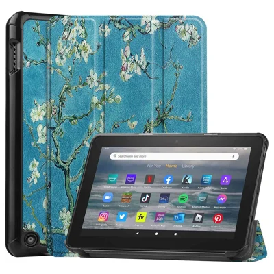 For Amazon Fire 7 (2022) Pattern Printing Tri-fold Stand Tablet Case PU Leather Auto Wake/Sleep Protective Cover - Apricot Blossom