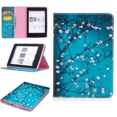 Pattern Printing Leather Wallet Tablet Cover for Amazon Kindle Paperwhite 3/2/1 - Tree with Flowers