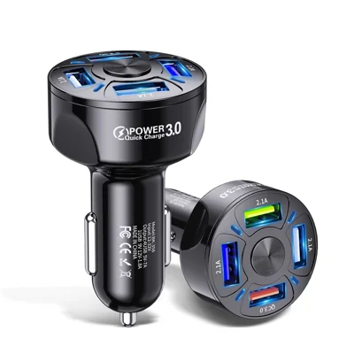 USLION 4 USB Ports QC 3.0 Fast Charging Car Cigarette Lighter Charger - Black