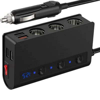 TR24 Högpresterande biluppladdare med 3 cigarettsläckaruttag och 4 USB-portar snabbladdningsadapter med oberoende strömbrytare