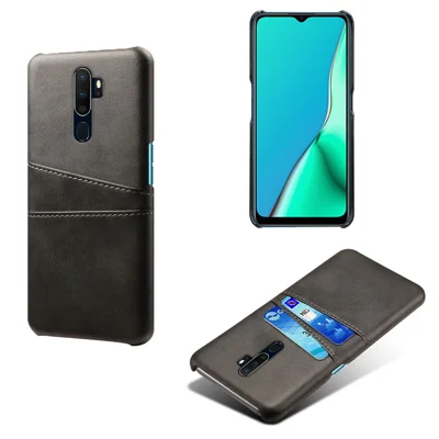 Double Card Slots Leather Coated PC Case for OPPO A9 (2020) / A5 (2020) - Black