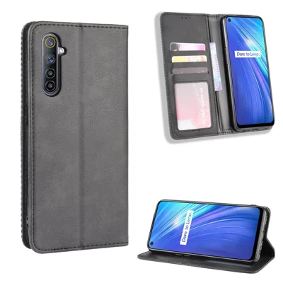 Custodia Magnetica in Pelle Retrò con Portafoglio per Realme 6 - Nero