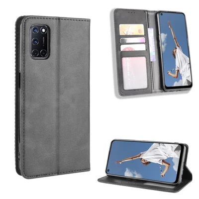 Auto-aangetrokken retro PU lederen portemonnee telefoonhoes voor OPPO A52/A72/A92 - Zwart