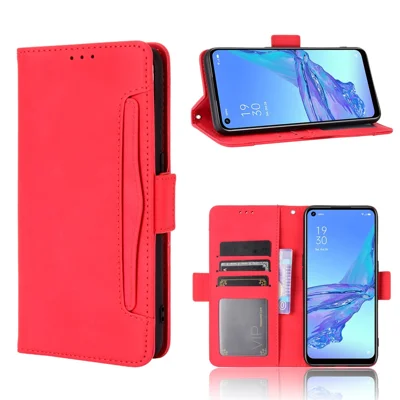 Múltiplos Compartimentos para Cartões Couro com Carteira Capa de Telefone Celular para Oppo A53/A32 (2020) - Vermelho