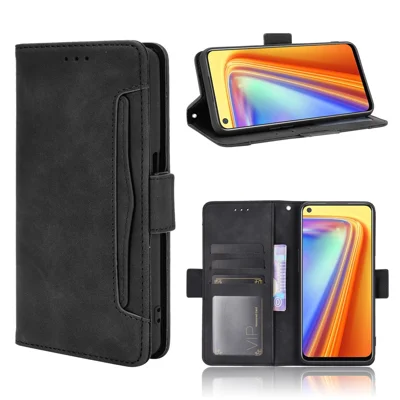 Carteira de Suporte de Couro com Múltiplos Slots para Cartões para Realme 7 / Realme Narzo 20 Pro - Preto