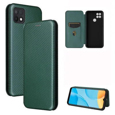Carbon Fiber Texture Auto-absorbed Leather Protector for OPPO A15 Stand Shell - Green