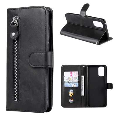 Zipper Pocket Leather Wallet Stand Case for Realme 7 Pro - Black