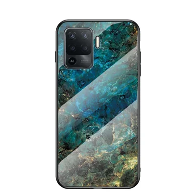 Marbling Pattern Design Well-Protected Anti-Scratch Tempered Glass Cell Phone Cover for Oppo A94/F19 Pro - Emerald Marble