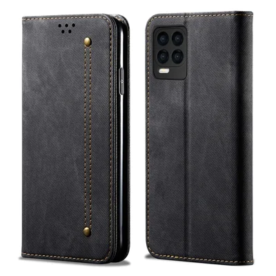 Jeans Cloth Texture Leather Wallet Stand Case for Realme 8/8 Pro - Black