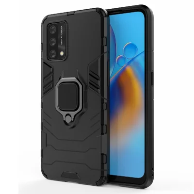 Kickstand Design Cool Guard PC + TPU Hybrid Phone Cover Case for Oppo A74 4G - Black