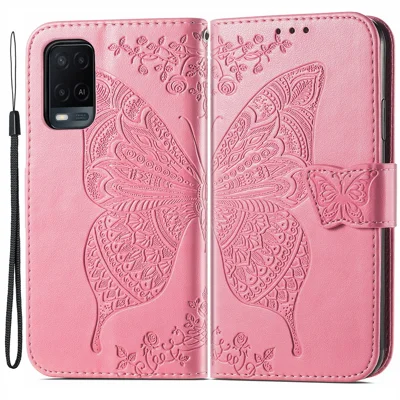 Full Protection Big Butterfly Imprinting Leather Wallet Stand Design Phone Shell for Oppo A54 4G - Pink