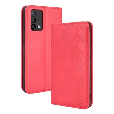 Wallet Stand Vintage Style Phone Case Magnetic Closure Leather Cover for Oppo F19/A74 4G - Red