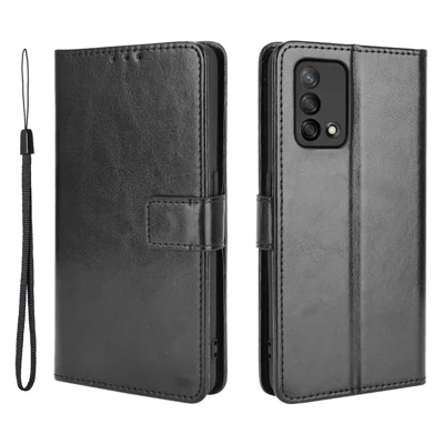Wallet Design Crazy Horse Skin Leather Stand Shell with Strap for Oppo A74 4G / F19 - Black