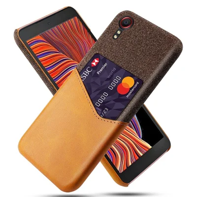 Well-Protected Cloth + Leather + PC Phone Case with Card Slot Design for Samsung Galaxy Xcover 5 - Brown