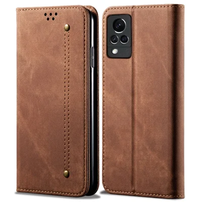 Full Protection Jeans Cloth Texture Leather Wallet Case with Stand for Oppo vivo V21 4G / 5G - Red
