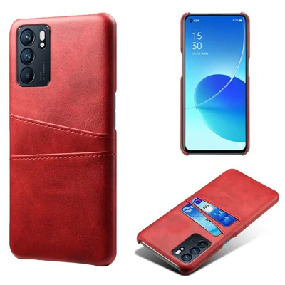 Double Card Slots PU Leather Coated PC Shell Cover Case for Oppo Reno6 5G - Red