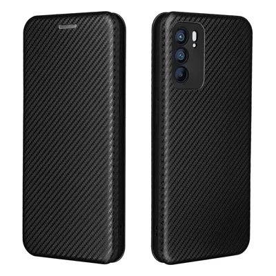Carbon Fiber Texture Auto-absorbed Leather Mobile Phone Case Stand Design for Oppo Reno6 5G - Black