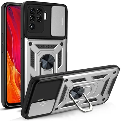 Camera Slide Phone Case with Kickstand Ring Holder for Oppo A94 4G / F19 Pro / Reno5 F - Silver