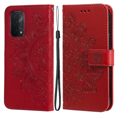 PU Leather Imprint Flowers Pattern Wallet Phone Stand Case with Lanyard for Oppo A93 5G (Chinese Version)/A74 5G/A54 5G - Red