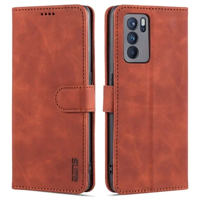 AZNS Well-Selected PU Leather Phone Wallet Case Stand Cover for Oppo Reno6 5G - Brown