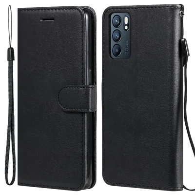 For Oppo Reno6 5G Case Solid Color Leather Mobile Cover Wallet Stand with Strap - Black