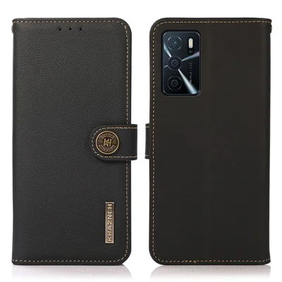 KHAZNEH Genuine Leather Wallet Stand Phone Case with Anti-theft Swiping Design for Oppo A16/A16s/A54s - Black