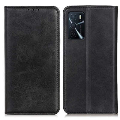 Full Protective Auto-absorbed Split Leather Wallet Phone Shell with Stand for Oppo A16/A16s/A54s - Black